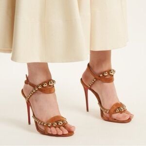 Christian Louboutin Galeria 100mm Cognac Suede studded Heels Sandals EU 37